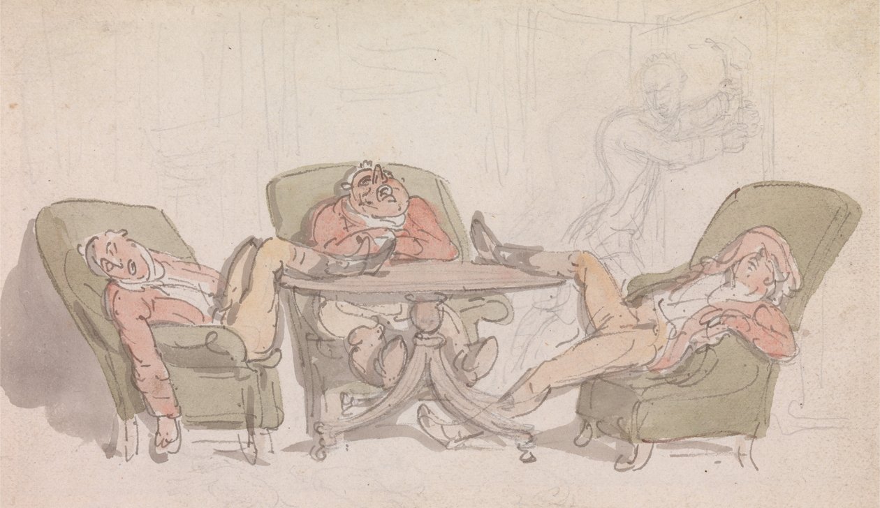 Tre sportivi che dormono al tavolo nelle loro sedie da Thomas Rowlandson