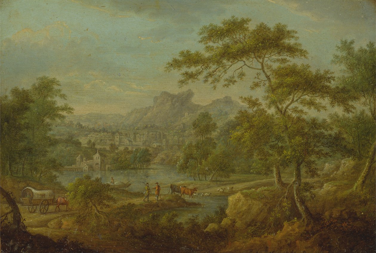 Paesaggio immaginario con un carro e una vista lontana di una città da Thomas Smith of Derby