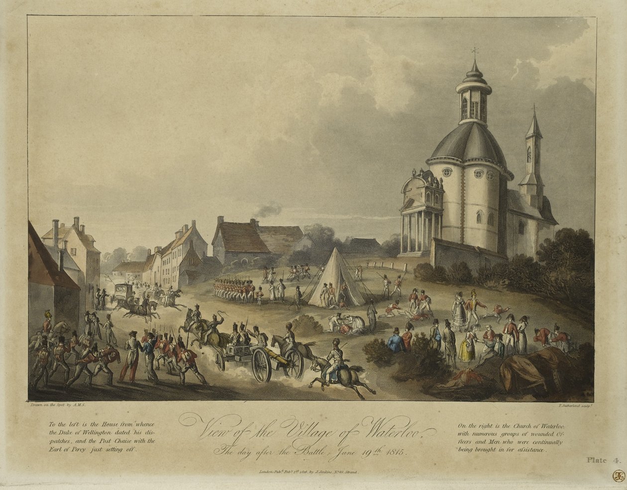 Veduta del villaggio di Waterloo, il giorno dopo la battaglia, 19 giugno 1815, dopo A.M.S., pubblicato da James Jenkins, 1 febbraio 1816 da Thomas Sutherland