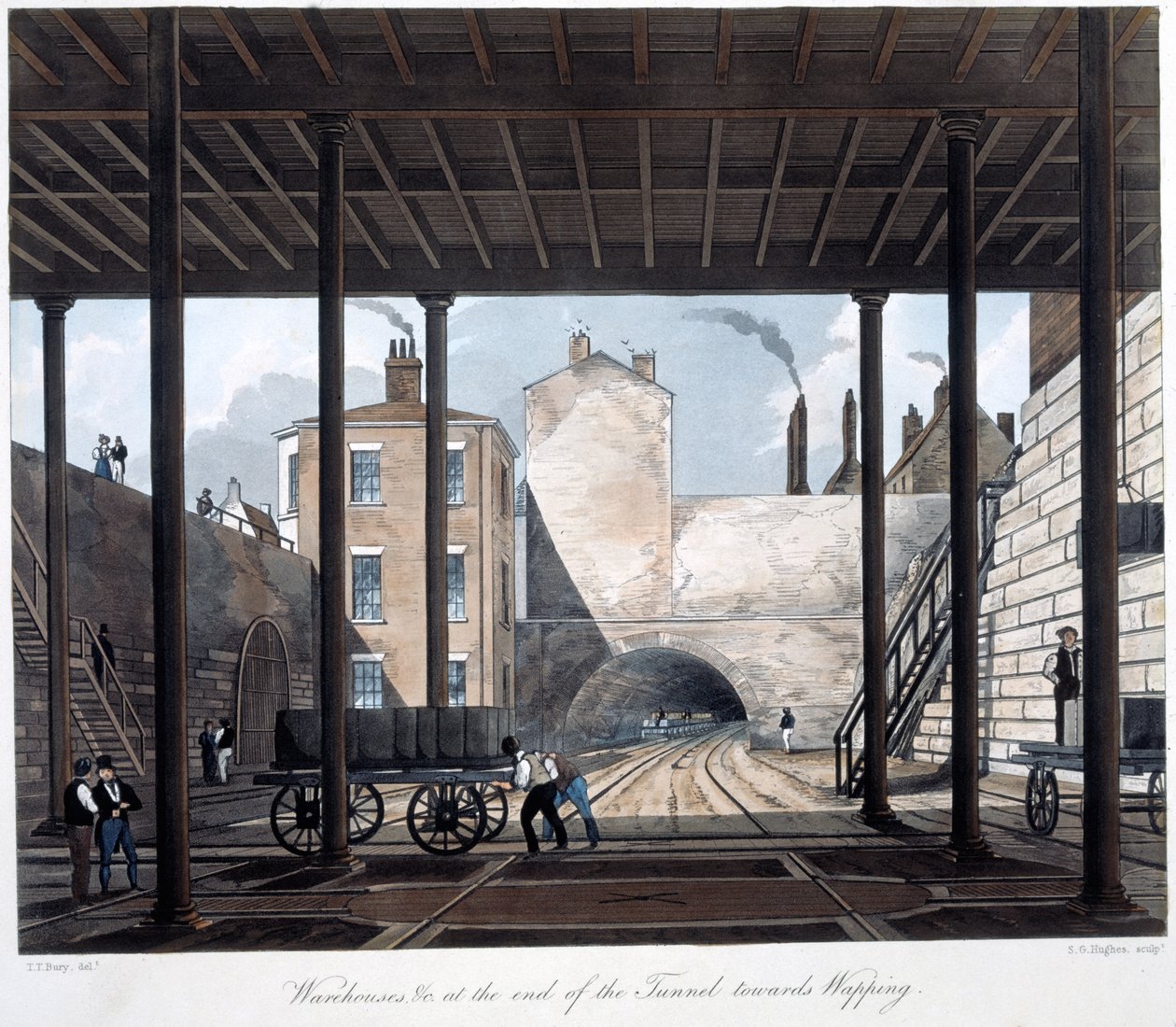 Magazzini e lavori alla fine del tunnel verso Wapping, inciso da S.G. Hughes, 1831 da Thomas Talbot after Bury