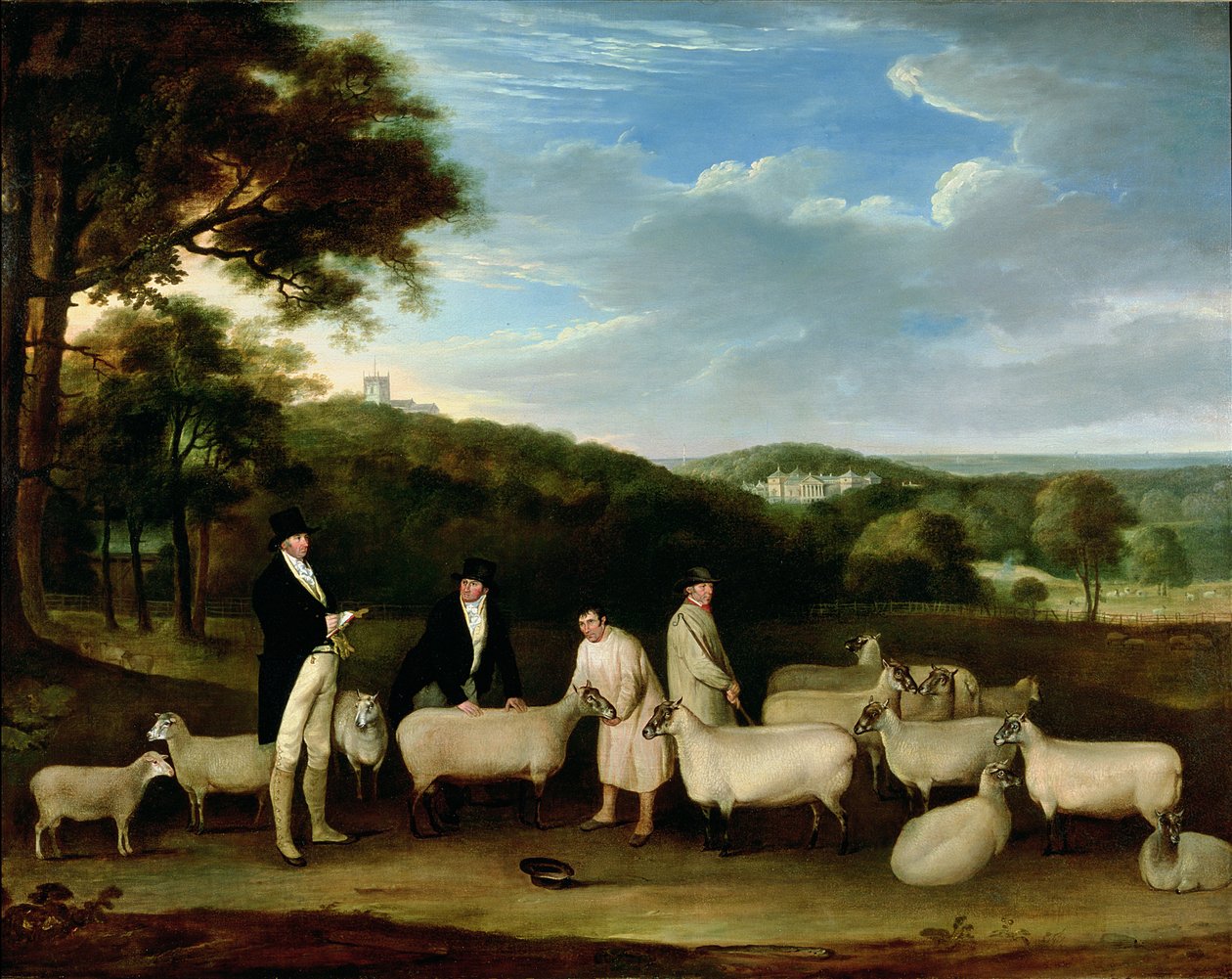 Ritratto di Thomas William Coke, Esq. (1752-1842) che ispeziona alcune delle sue pecore South Down con Mr Walton e i pastori di Holkham da Thomas Weaver