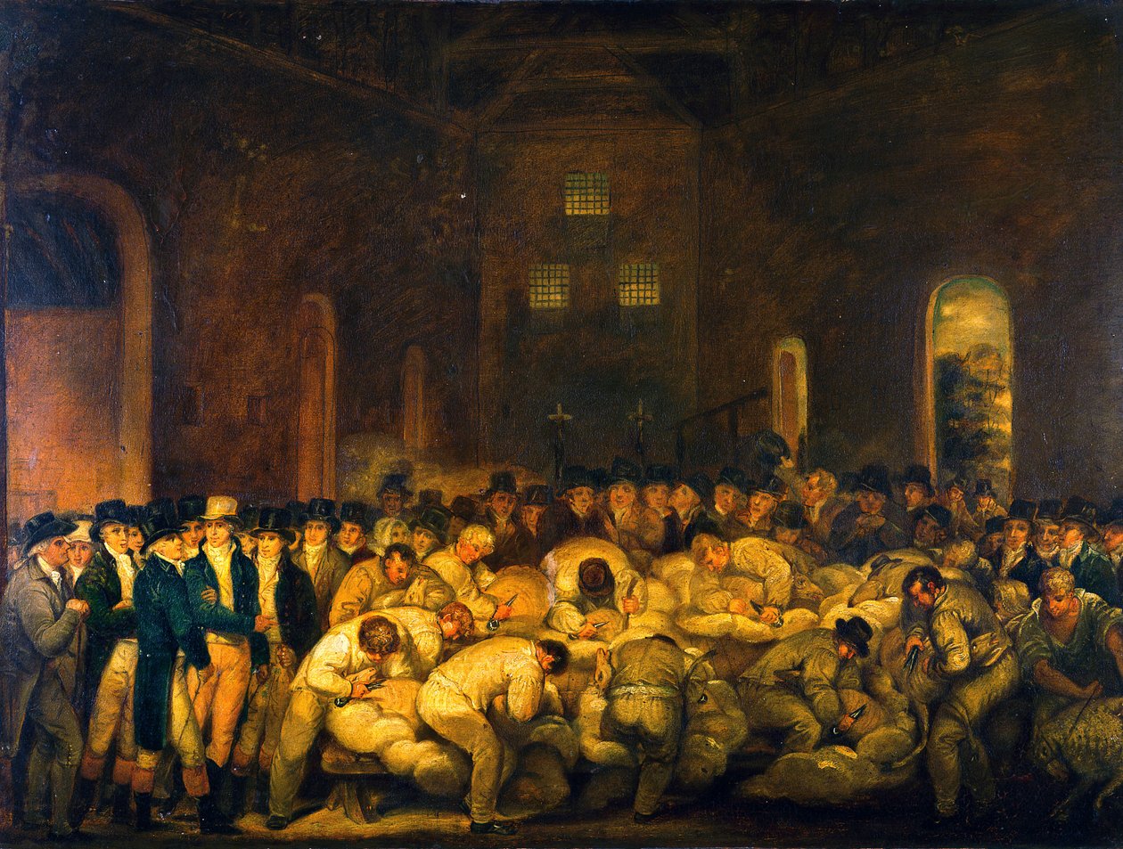 Il conte di Leicester e altri osservatori a una gara di tosatura delle pecore nel grande fienile di Holkham Hall da Thomas Weaver