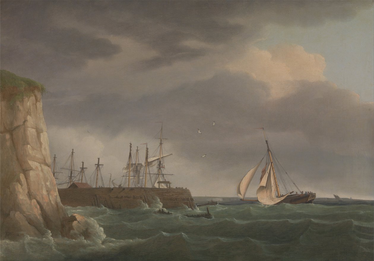 Una nave che entra nel porto con altre imbarcazioni a un molo da Thomas Whitcombe