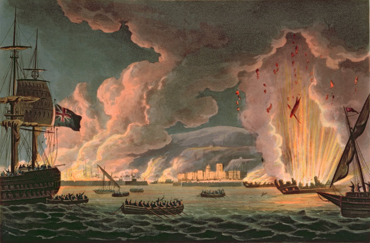 Distruzione della flotta francese a Tolone, 18 dicembre 1793, inciso da Thomas Sutherland, pubblicato nel 1816 da Thomas Whitcombe