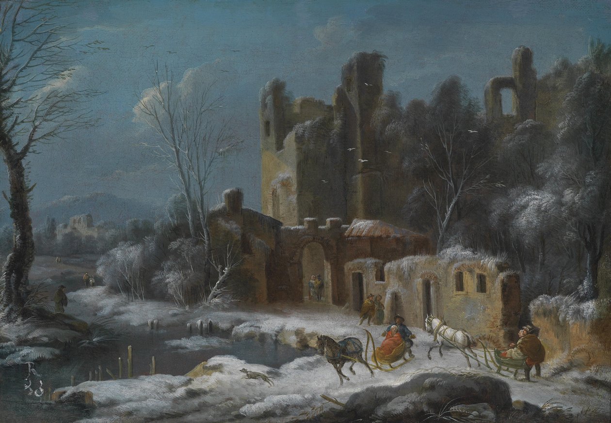 Paesaggio invernale con viaggiatori in slitte trainate da cavalli davanti a rovine da Thomas Wijck
