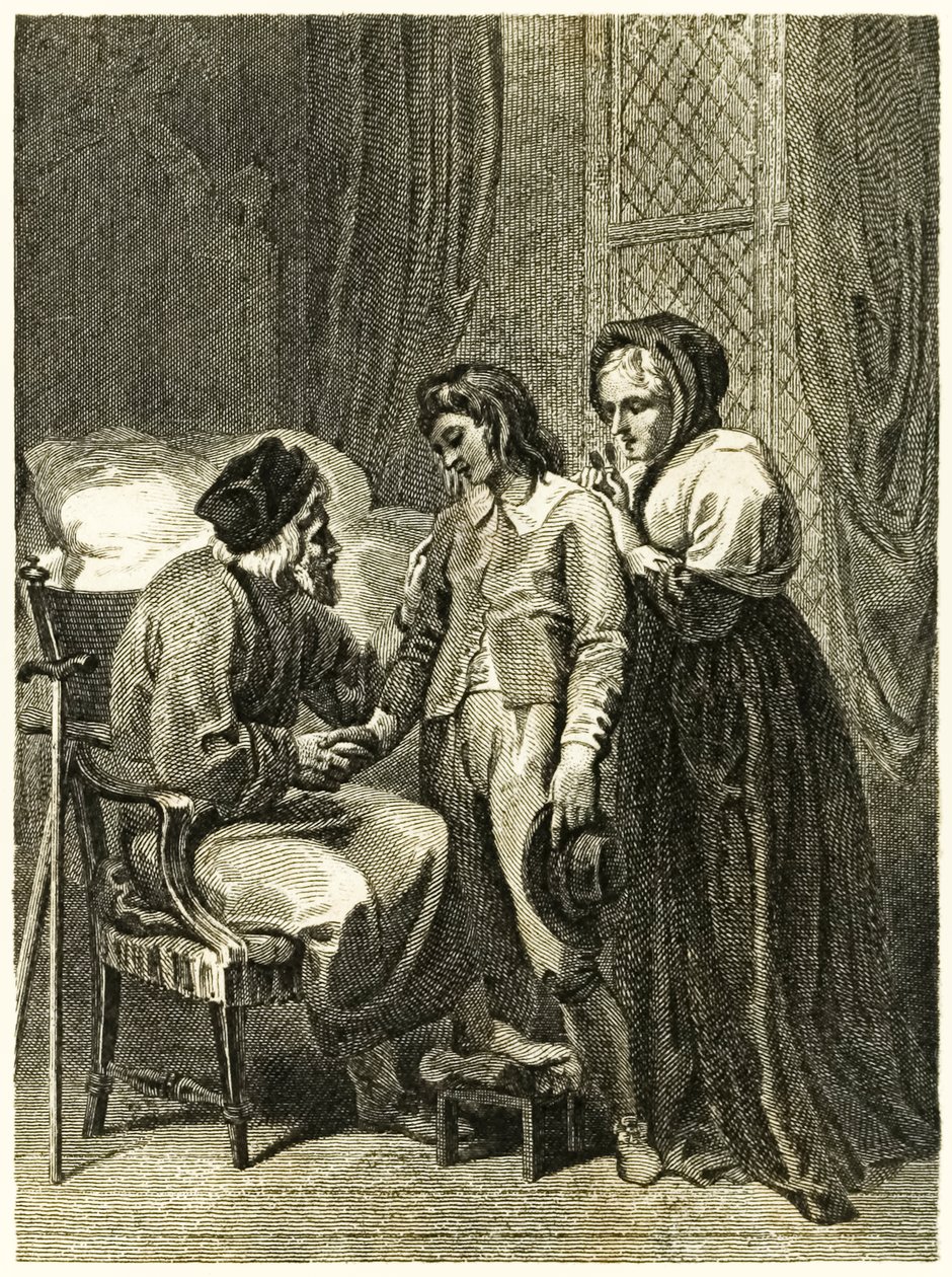Frontespizio di Robinson Crusoe che saluta il Padre e la Madre. Da 