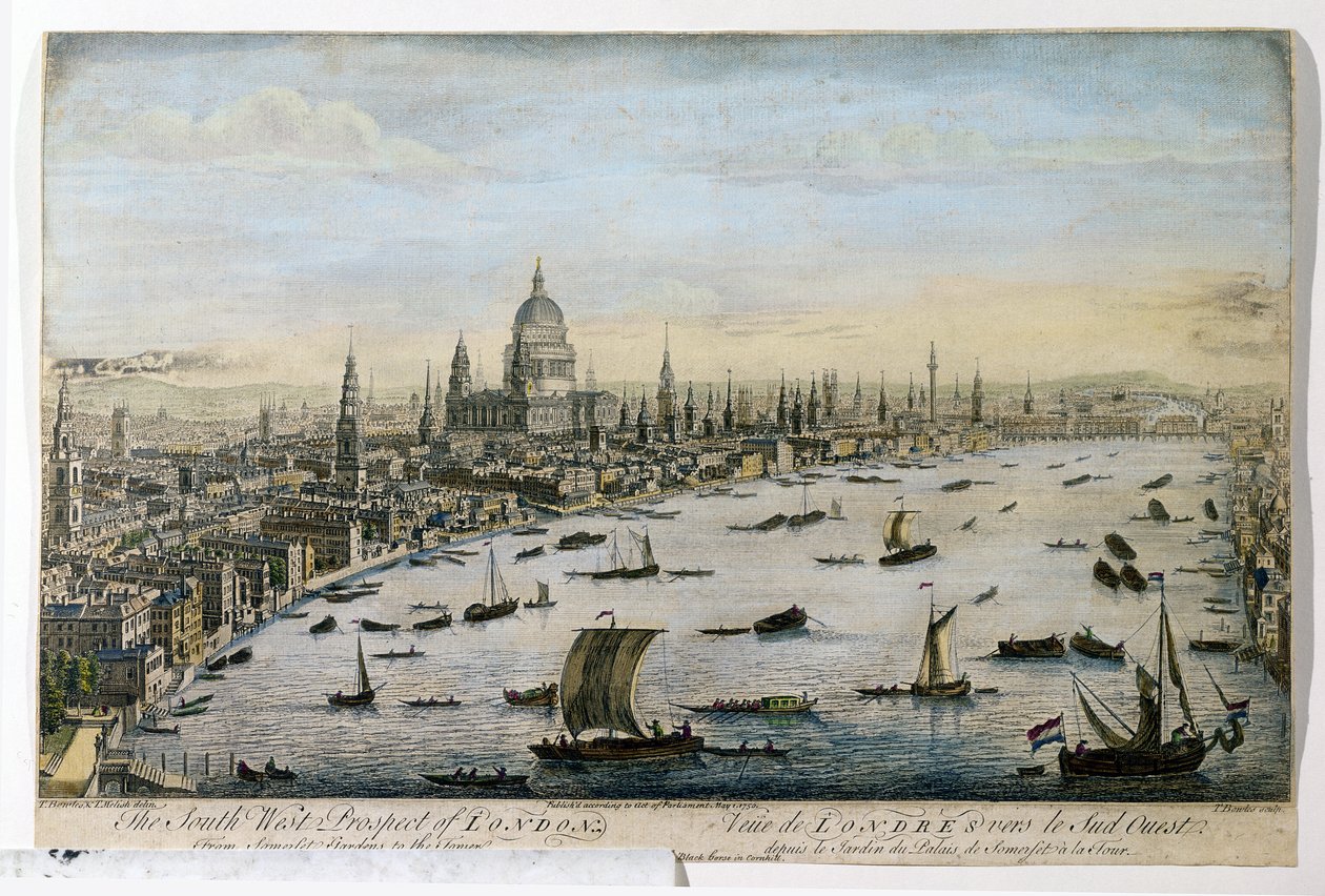 Il Prospetto Sud-Ovest di Londra dai Giardini di Somerset, inciso da Thomas Bowles, pubblicato 1 maggio 1750 da Thomas Bowles
