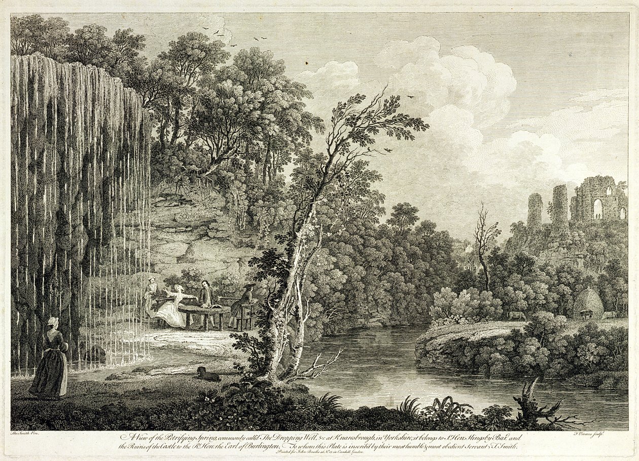 Veduta della sorgente pietrificante comunemente chiamata il Pozzo Gocciolante a Knaresborough nello Yorkshire, inciso da Francois Vivares da Thomas of Derby Smith