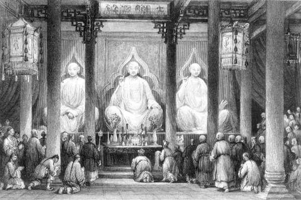 Grande tempio a Hunan, Canton, inciso da A. Willmore da Thomas (after) Allom