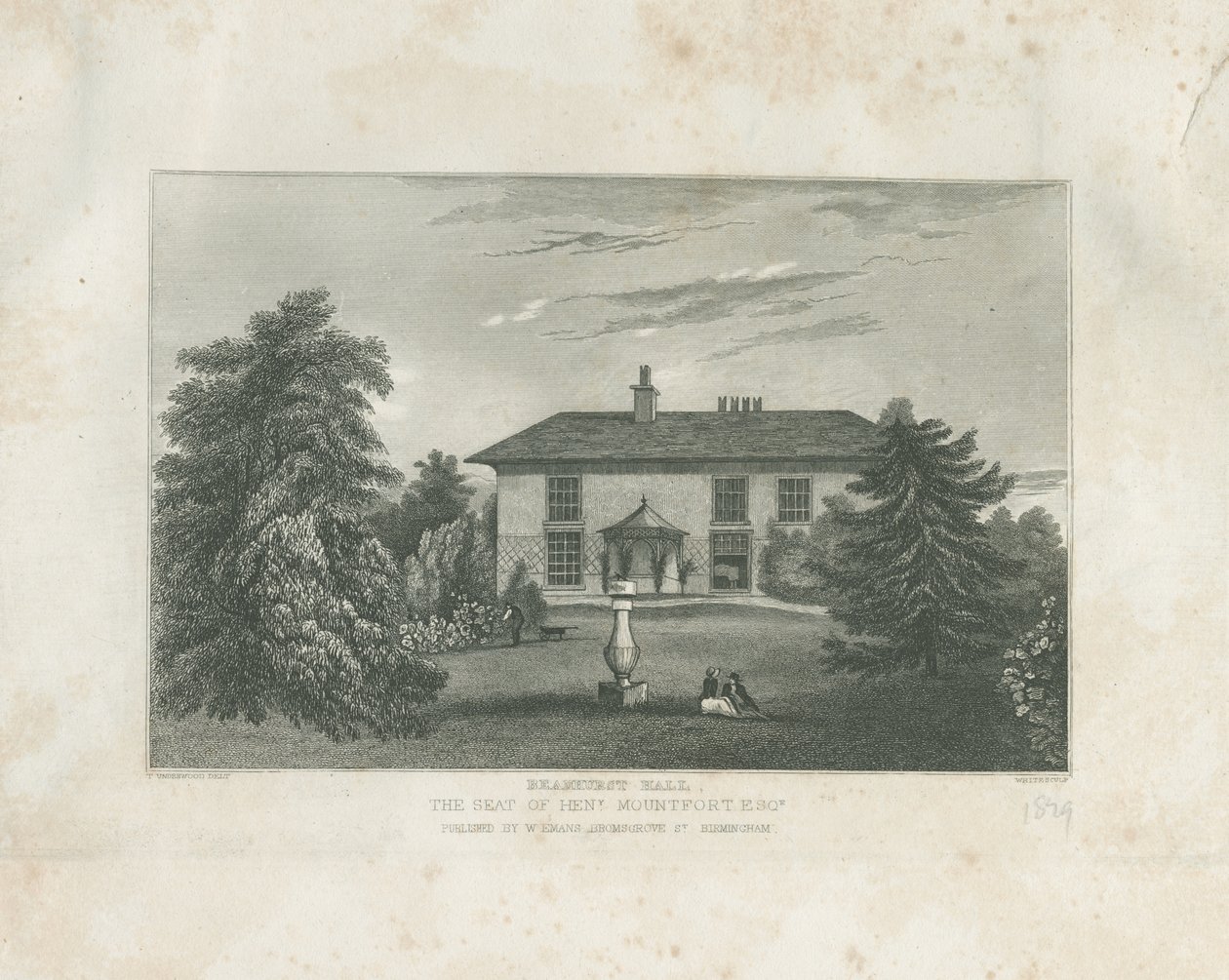 Checkley - Beauhurst Hall: incisione da Thomas (after) Underwood