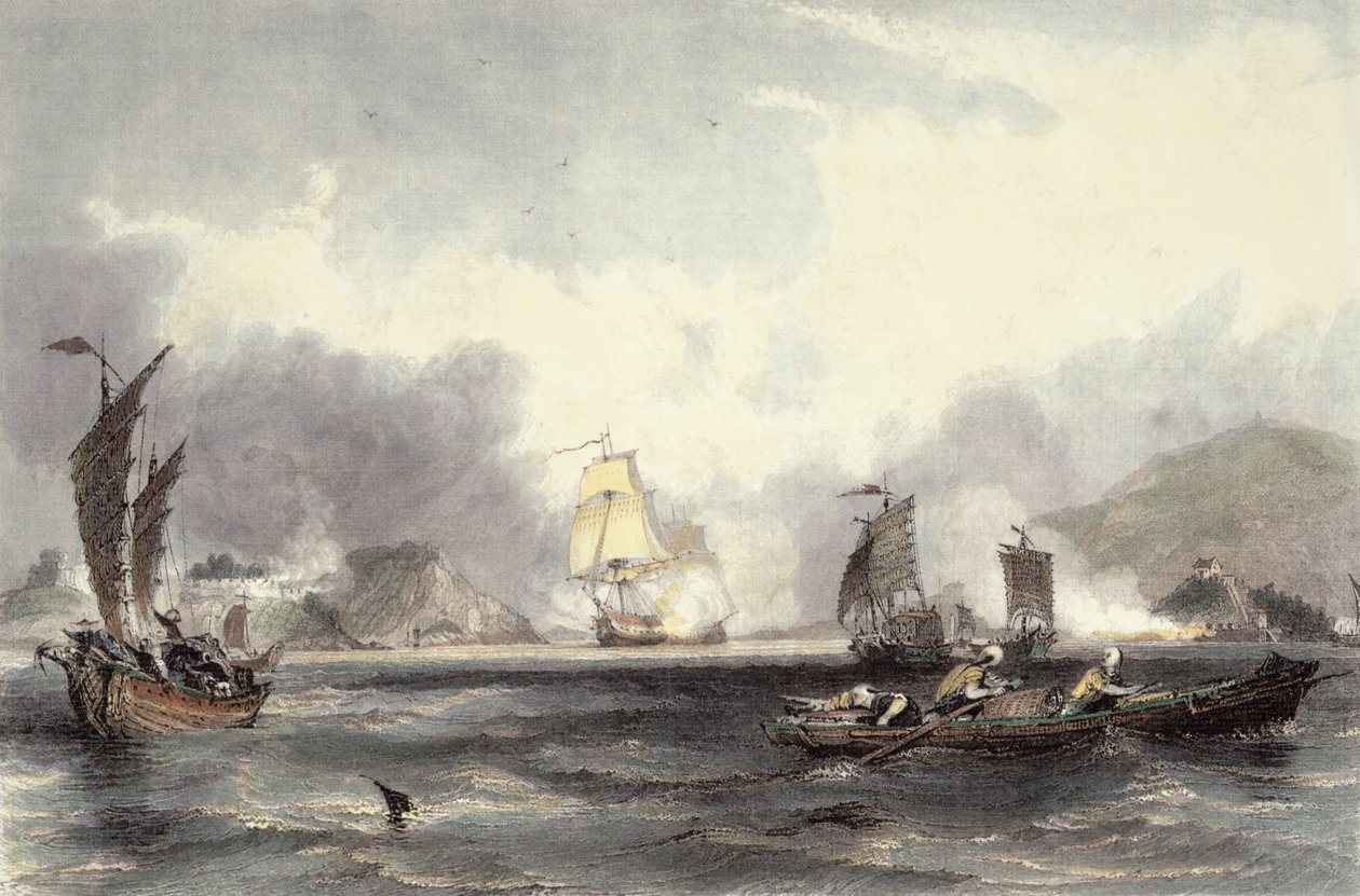 Le navi di Sua Maestà Imogene e Andromache che passano le batterie del Bocca-Tigris, c.1850 da Thomas Allom