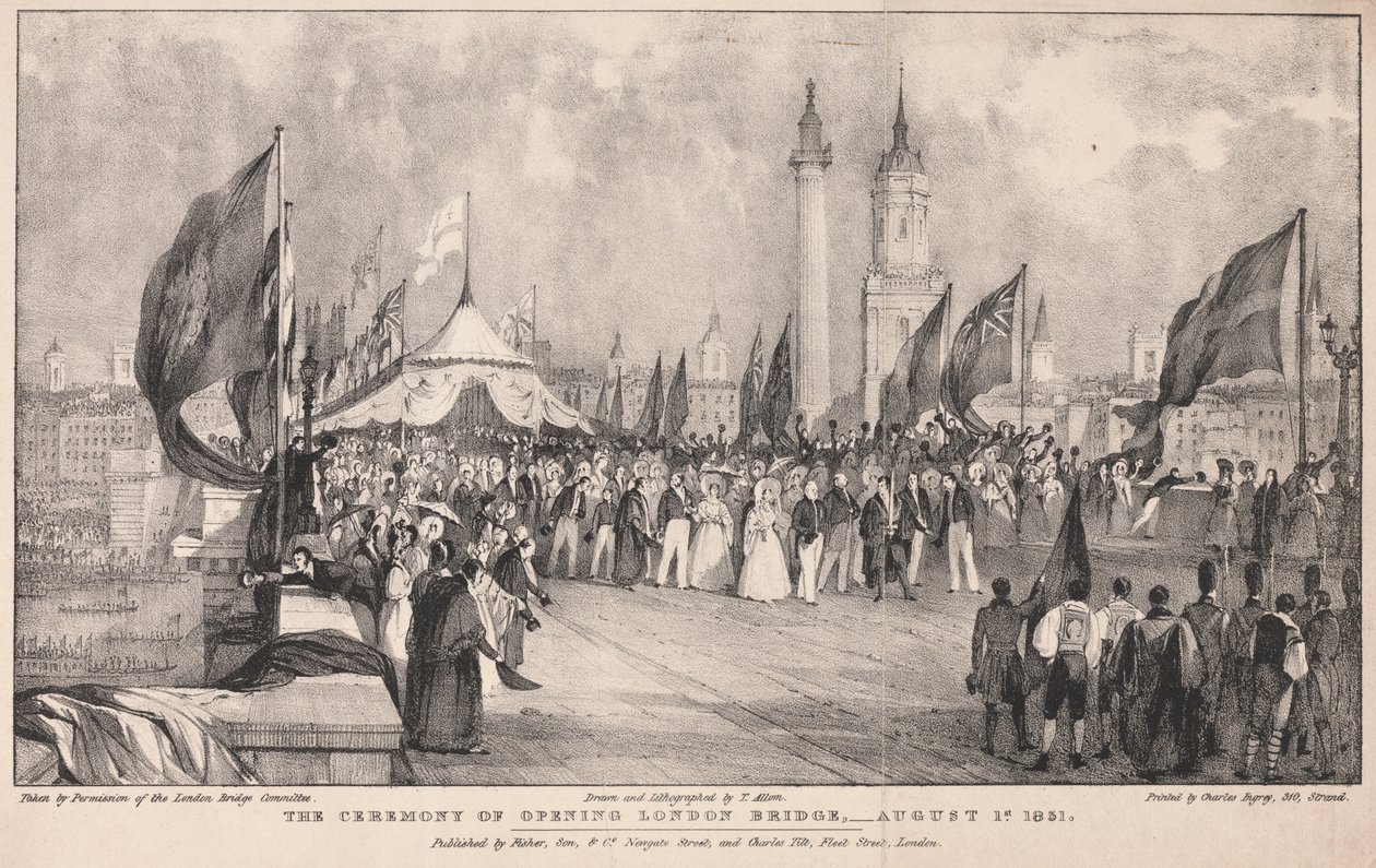 La cerimonia di apertura del London Bridge con il vecchio London Bridge sullo sfondo da Thomas Allom