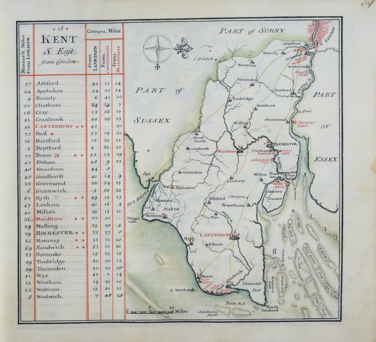 Kent, tavola 39r, da A Compleat Sett of Mapps of England and Wales in General..., 1724 da Thomas Badeslade