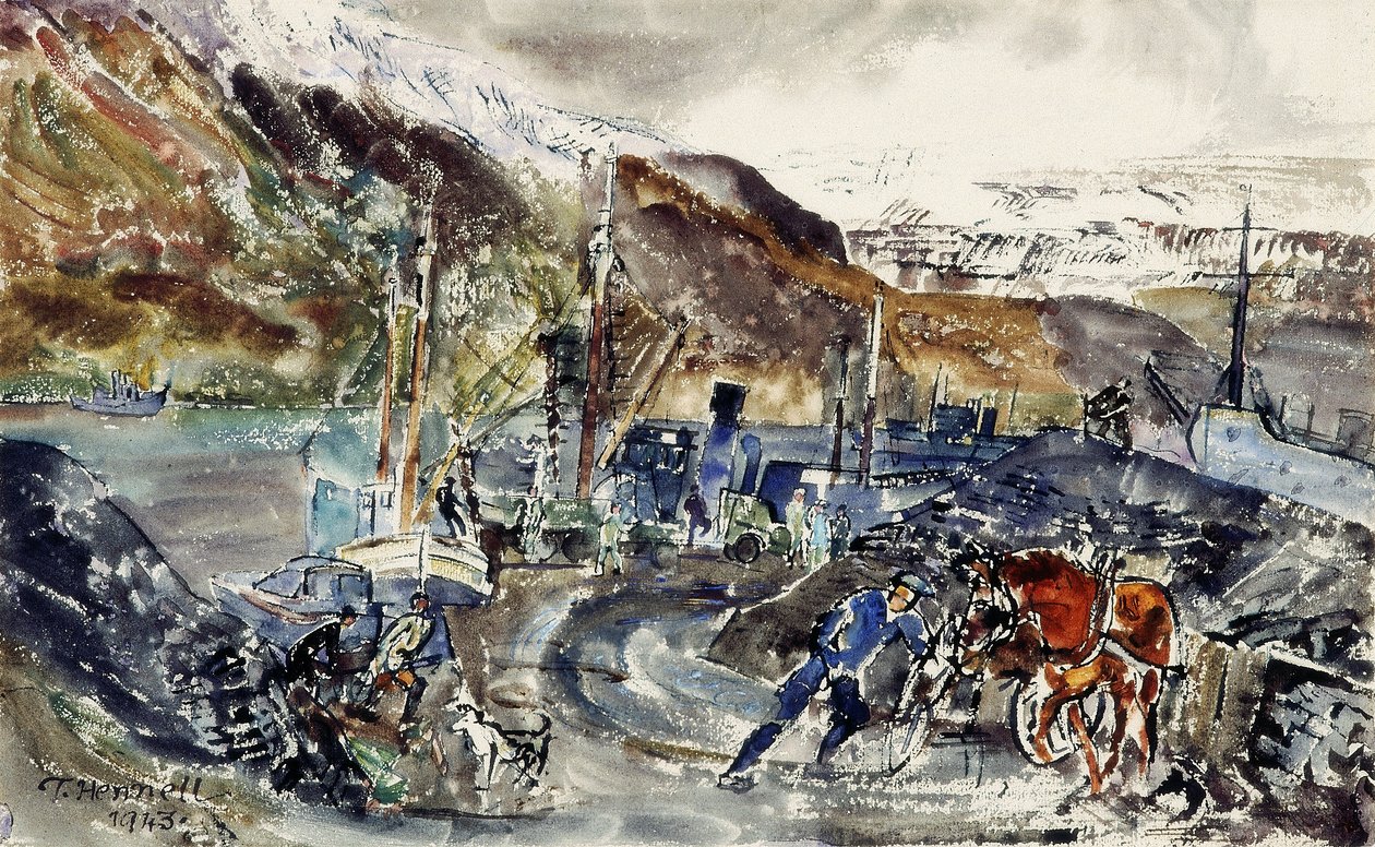 Carro del carbone locale e pescherecci, Seydisfjordur, Islanda da Thomas Barclay Hennell