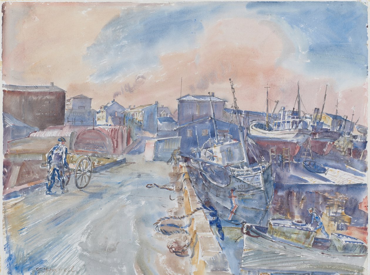 Reykjavik dal molo principale, mattina gelida, Islanda, c.1930 da Thomas Barclay Hennell