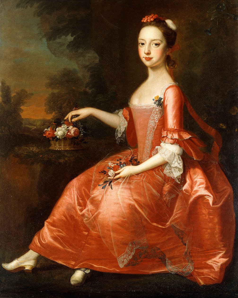 Ritratto di una giovane signora, seduta a figura intera, con un vestito rosso da Thomas Bardwell