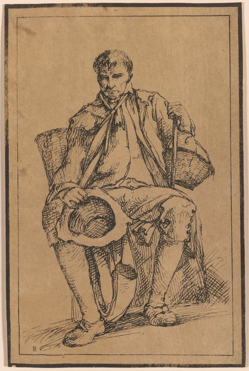 Quaranta impressioni litografiche da disegni di paesaggi di Thomas Barker, selezionati dai suoi studi di figure rustiche dal vero: [Uomo seduto con cesti che tiene cappello e bastone da passeggio] da Thomas Barker