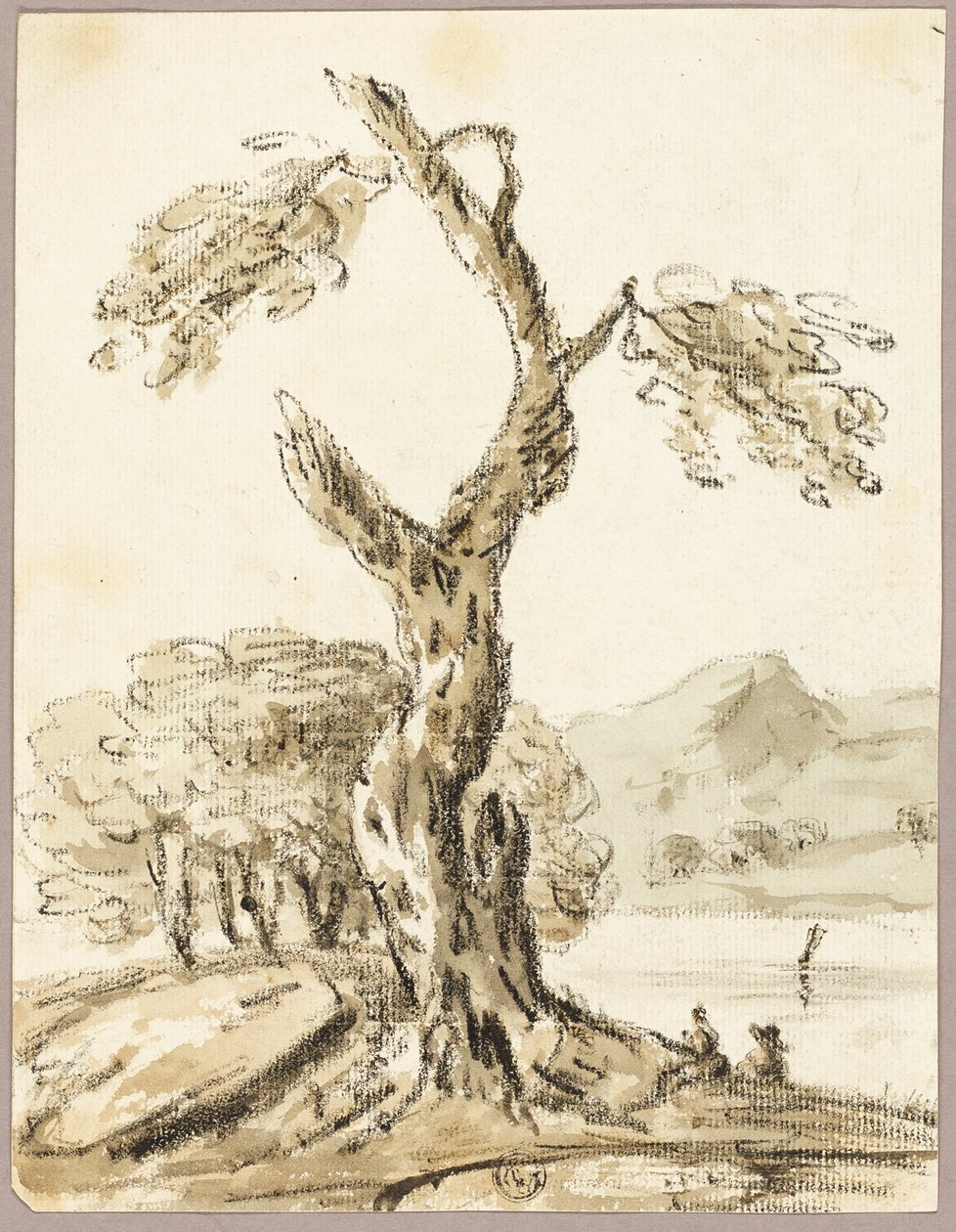 Grande albero con lago e montagne sullo sfondo da Thomas Barker