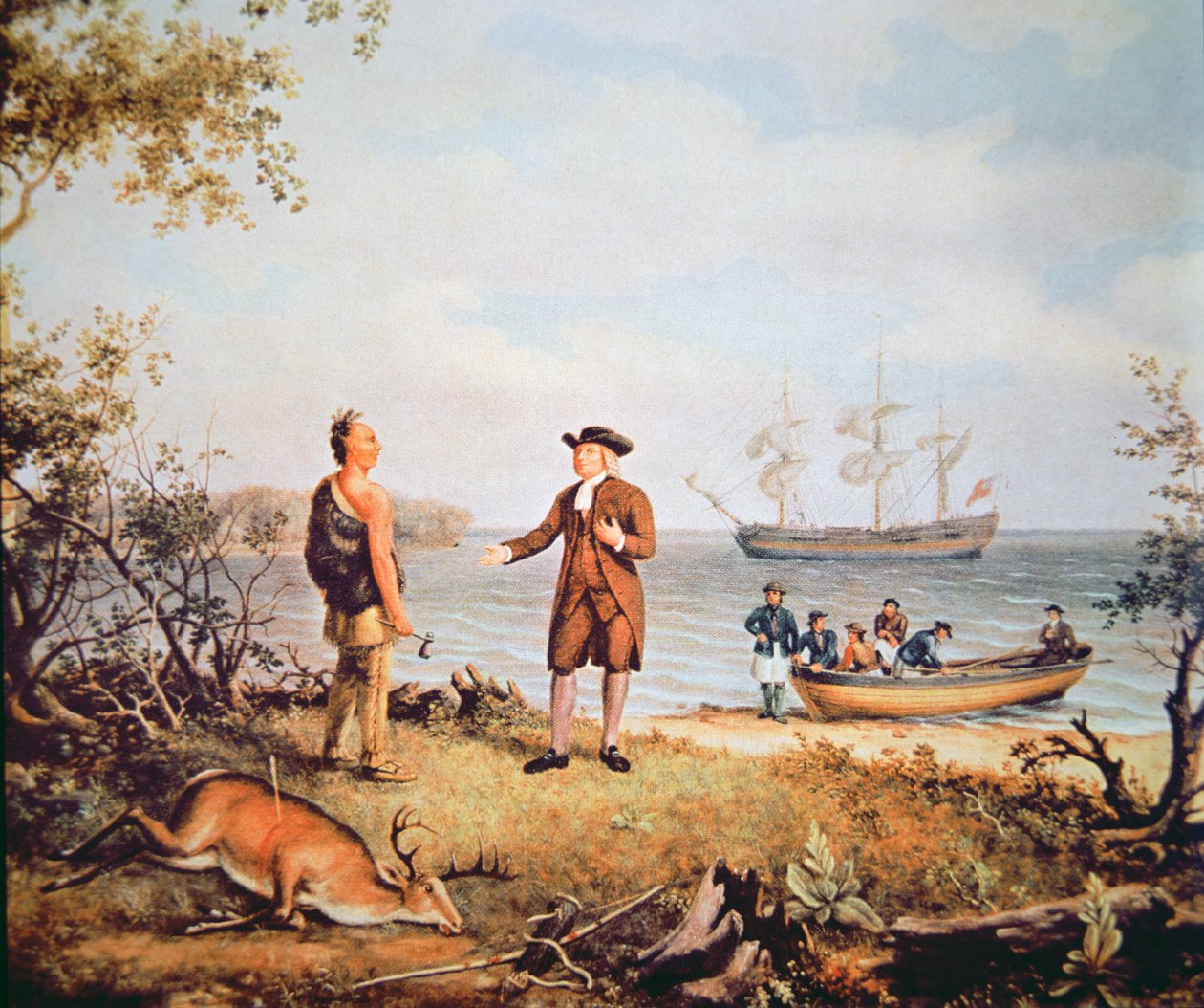 William Penn arriva in America per la prima volta e incontra un nativo americano nel 1682 da Thomas Birch