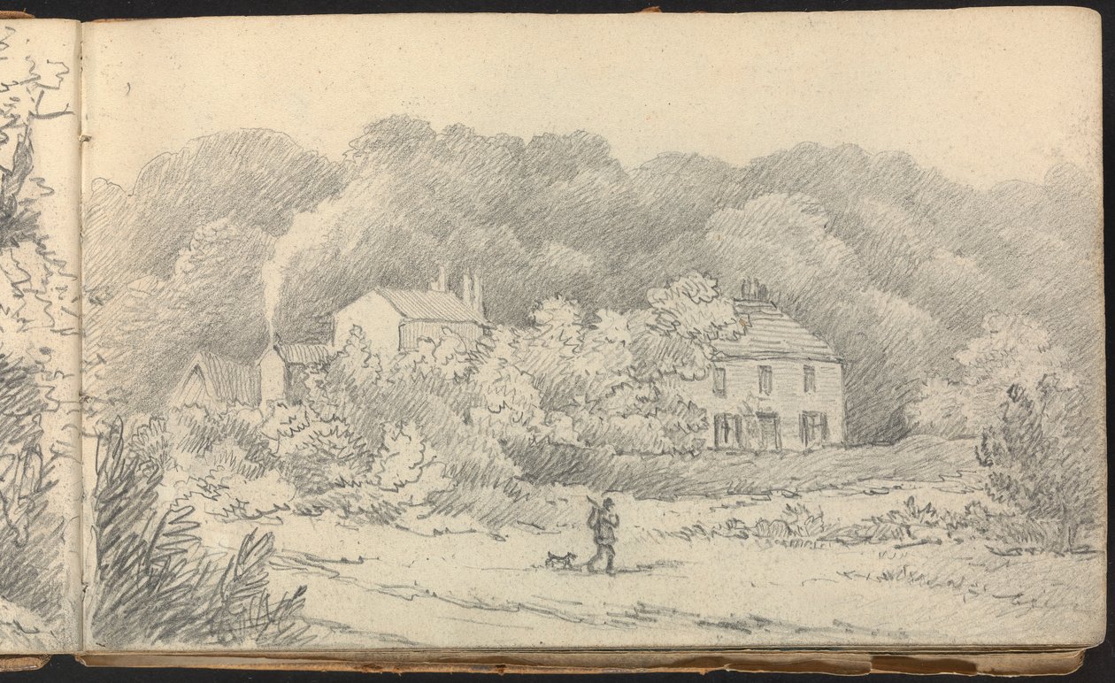 Album di studi di paesaggi e figure: scena rurale con case e un cacciatore e il suo cane da Thomas Bradshaw