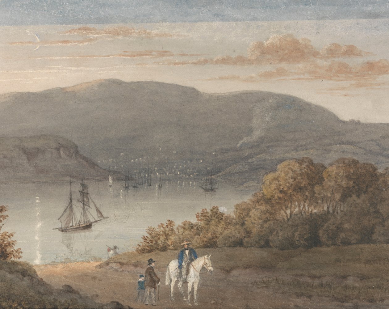 Port Louis da La Petite Montagne (Crepuscolo) con un cavaliere e figure in primo piano da Thomas Bradshaw