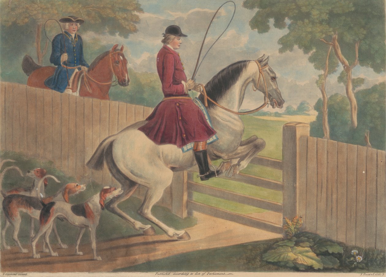 Caccia [due di una serie di dodici]: 7. [Un cavaliere che mette il cavallo a un cancello] da Thomas Burford