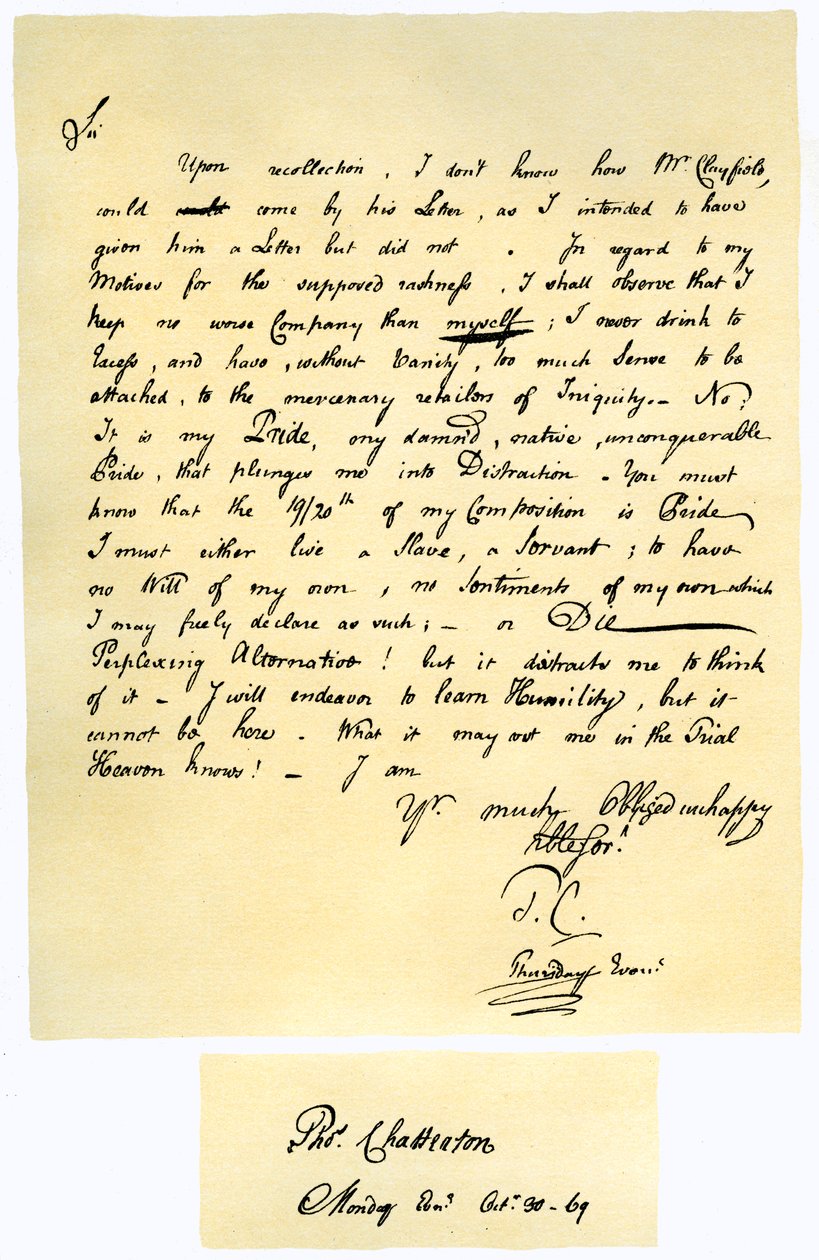 Lettera di Thomas Chatterton a William Barrett, 1769 da Thomas Chatterton