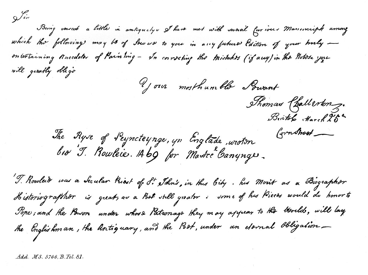 Parte di una lettera di Thomas Chatterton a Horace Walpole, fine XVIII secolo da Thomas Chatterton