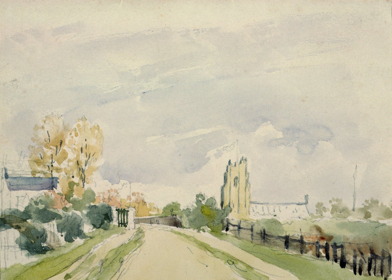 Paesaggio del Suffolk, una strada larga con una piccola casa, una chiesa e alberi da Thomas Churchyard