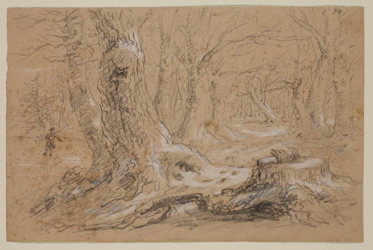 Alberi in inverno con uomo in piedi su un torrente ghiacciato da Thomas Cole