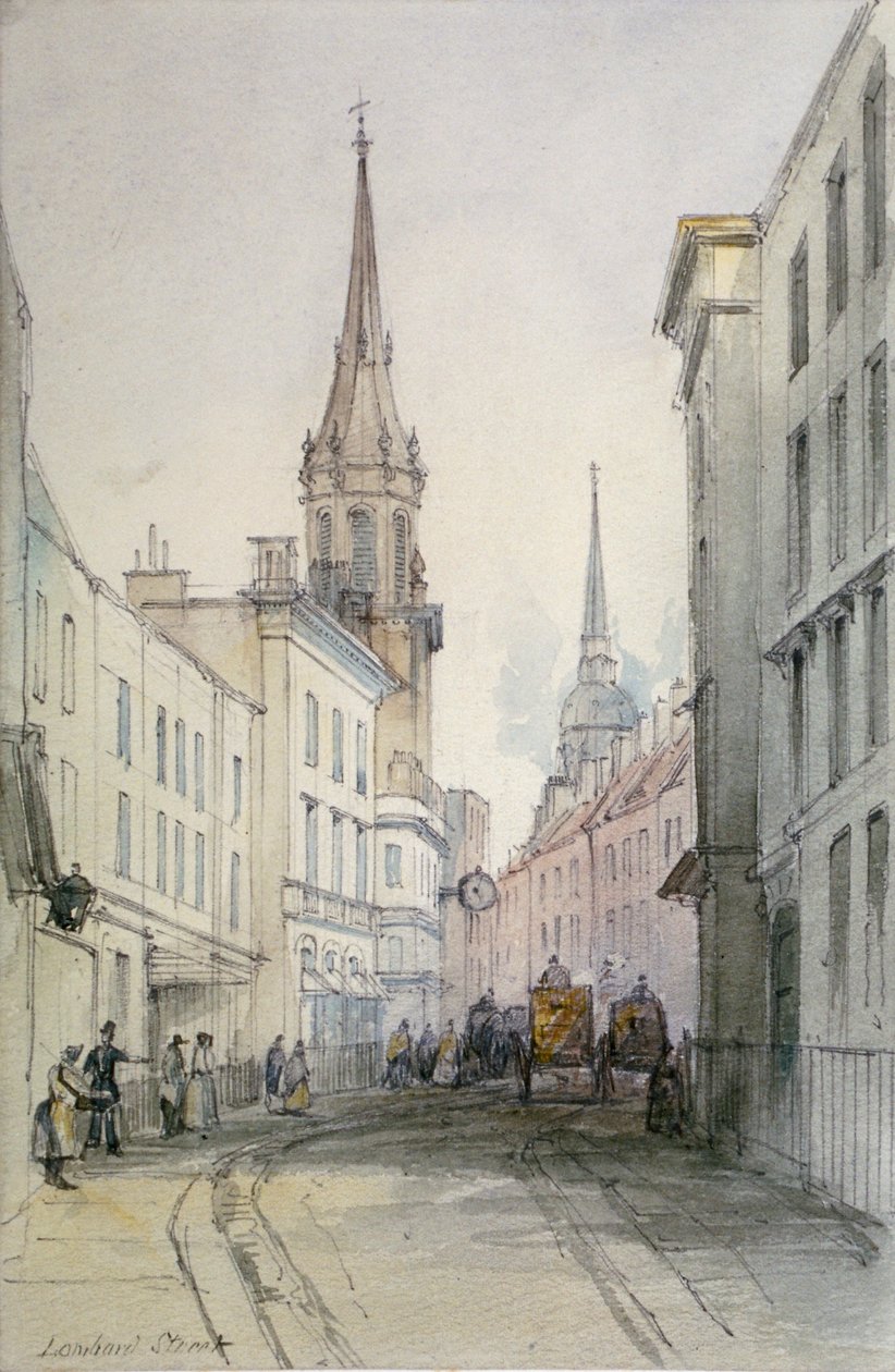 Vista lungo Lombard Street, guardando a est, con figure e carrozze, Città di Londra da Thomas Colman Dibdin