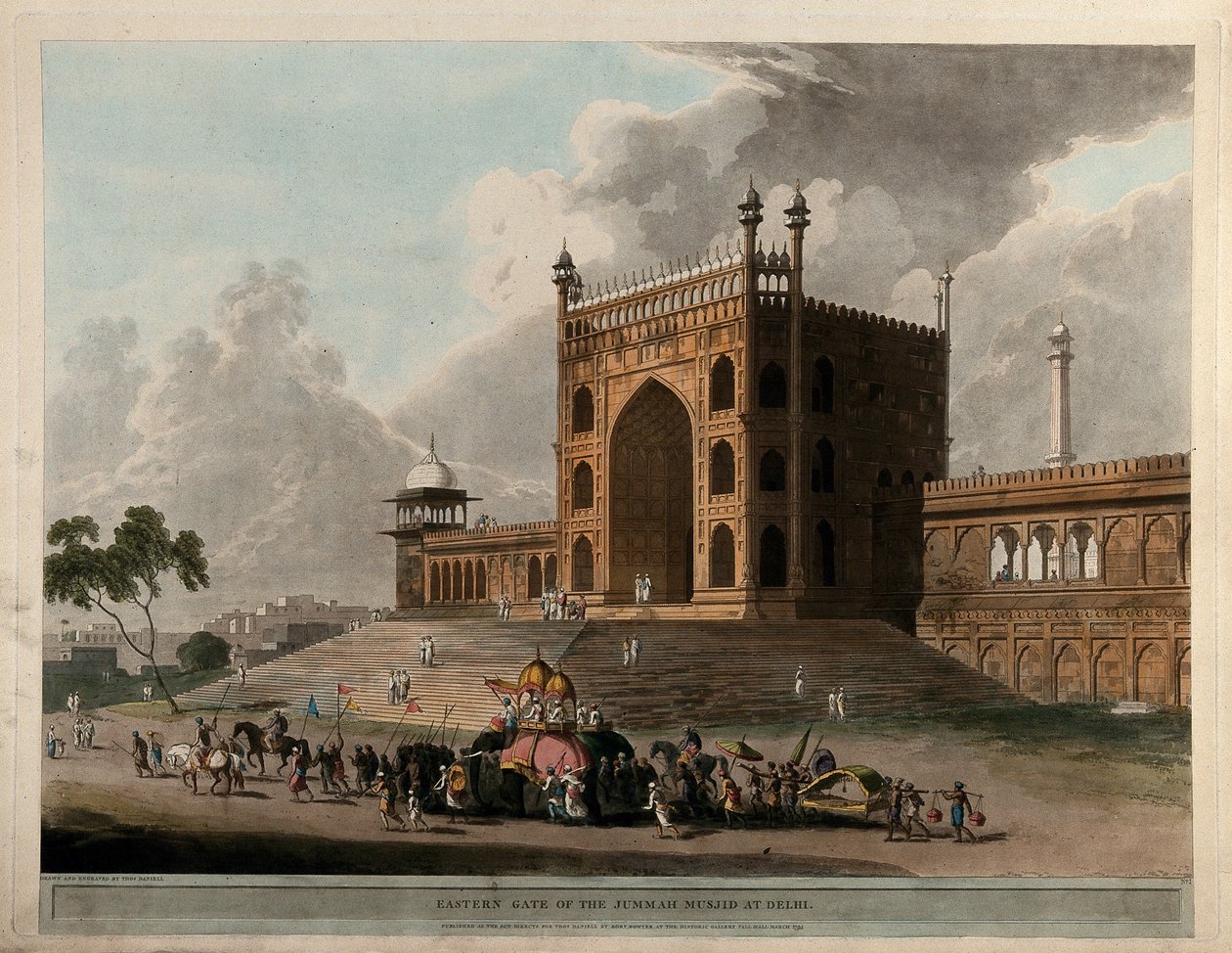 Porta orientale del Jummah Musjid di Delhi da Thomas Daniell