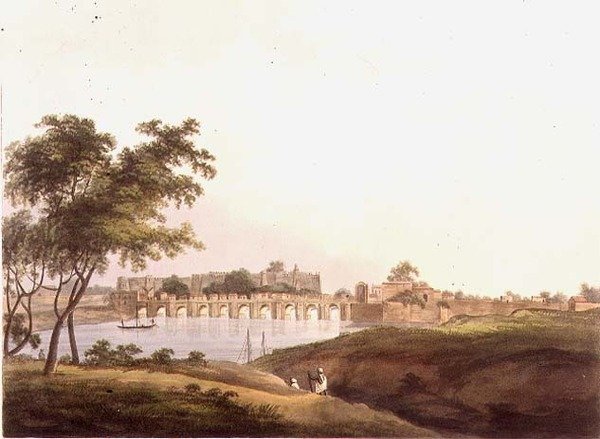 Il ponte a Juonpore, Bengala, inciso da H. Merke, pubblicato da Edward Orme 1804 da Thomas Daniell