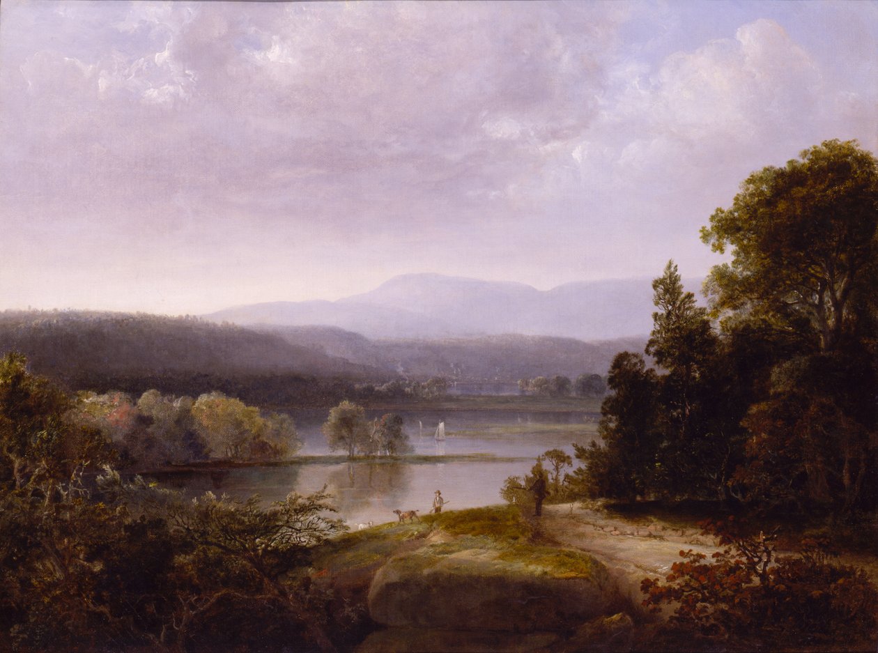 Veduta del fiume con cacciatori e cani da Thomas Doughty