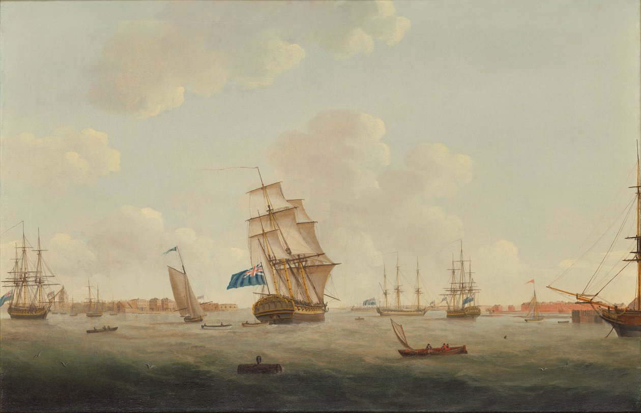 Un panorama del porto di Portsmouth con uomini di guerra e altre imbarcazioni da Thomas Elliott