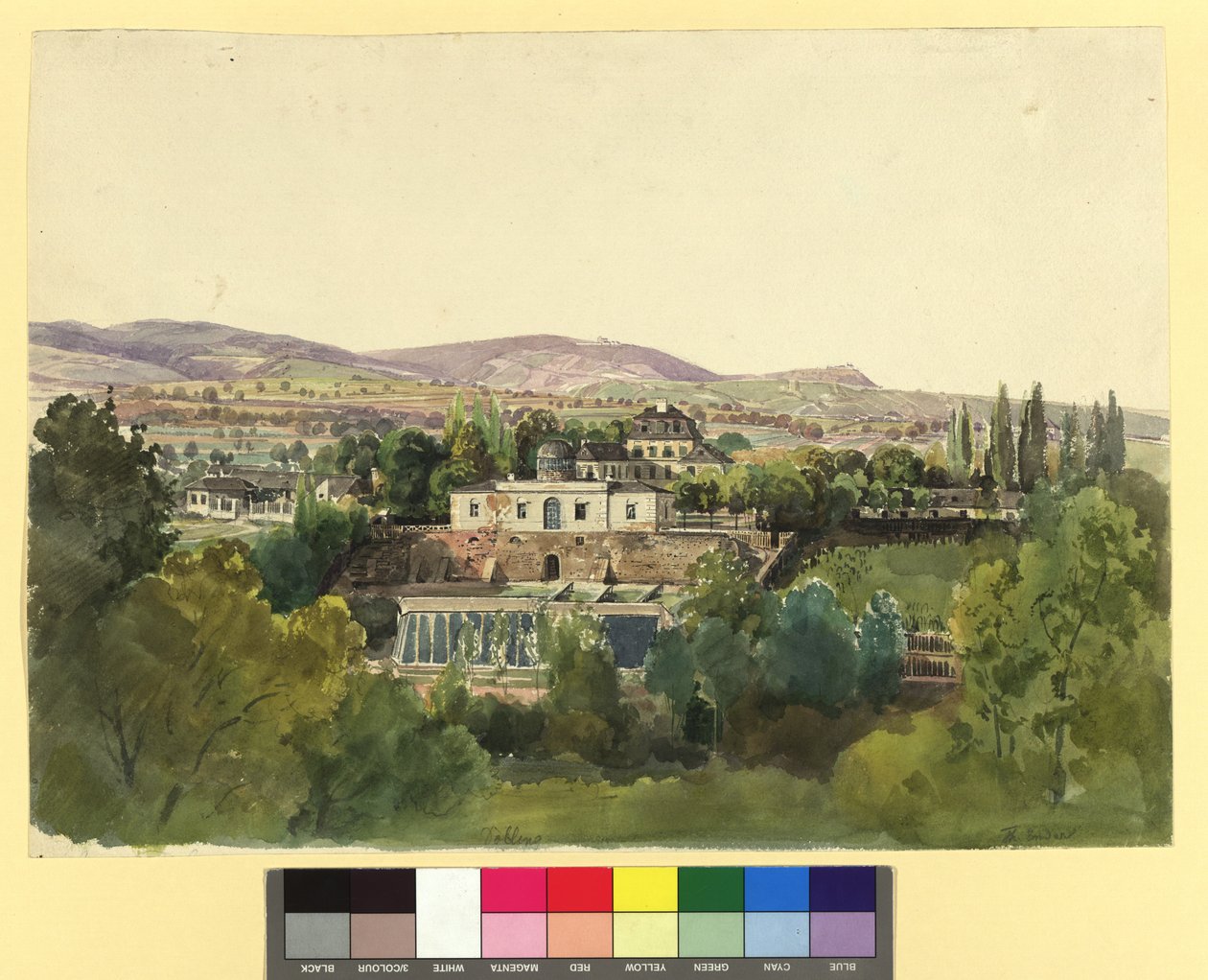 Veduta da Döbling sul Kahlengebirge e sulla villa del barone Johann von Lang (Nußwaldgasse 19 o 22) da Thomas Ender