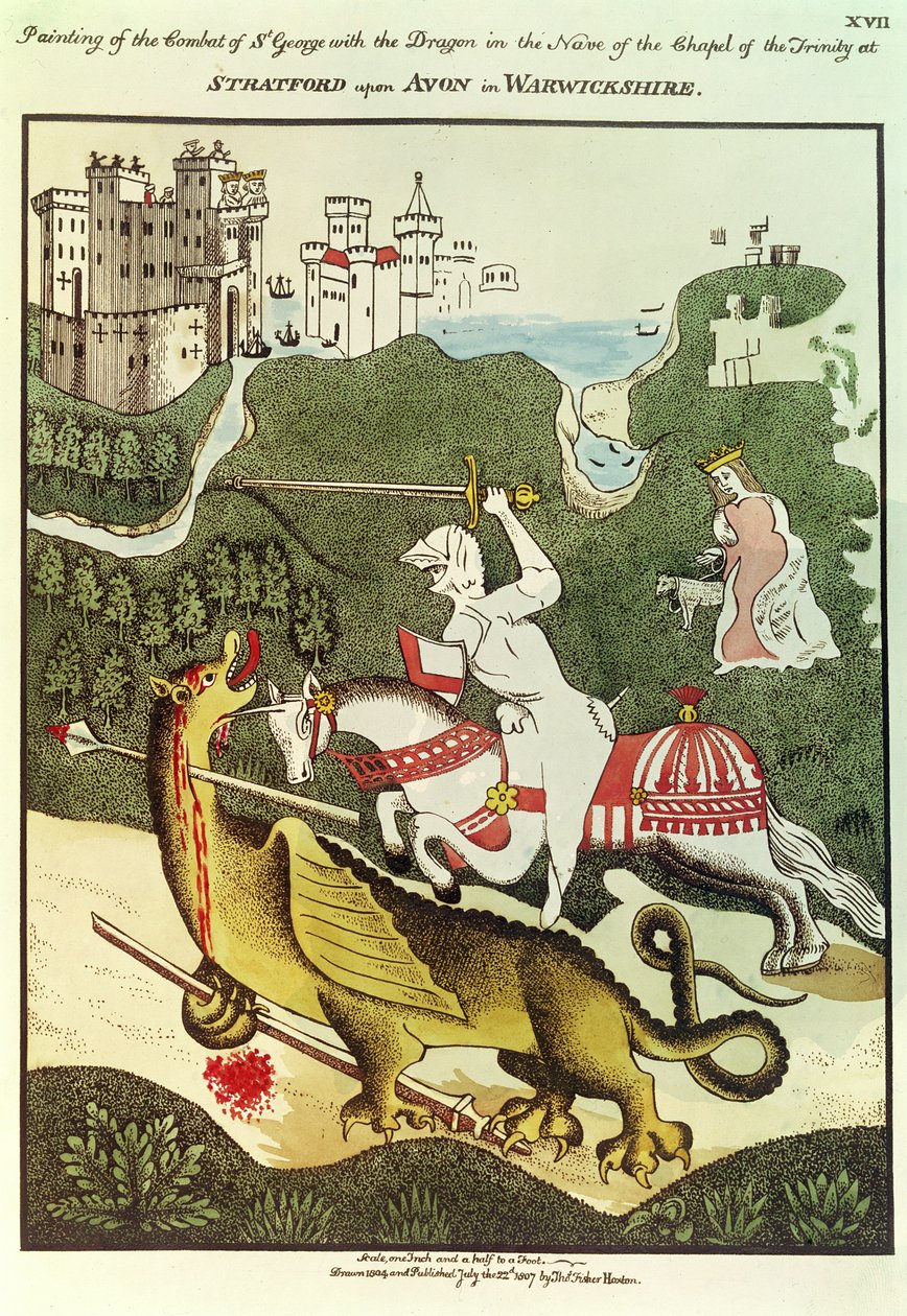 San Giorgio e il drago, dopo un dipinto originale nella Cappella della Trinità a Stratford Upon Avon, Warwickshire, 1804 da Thomas Fisher Hoxton
