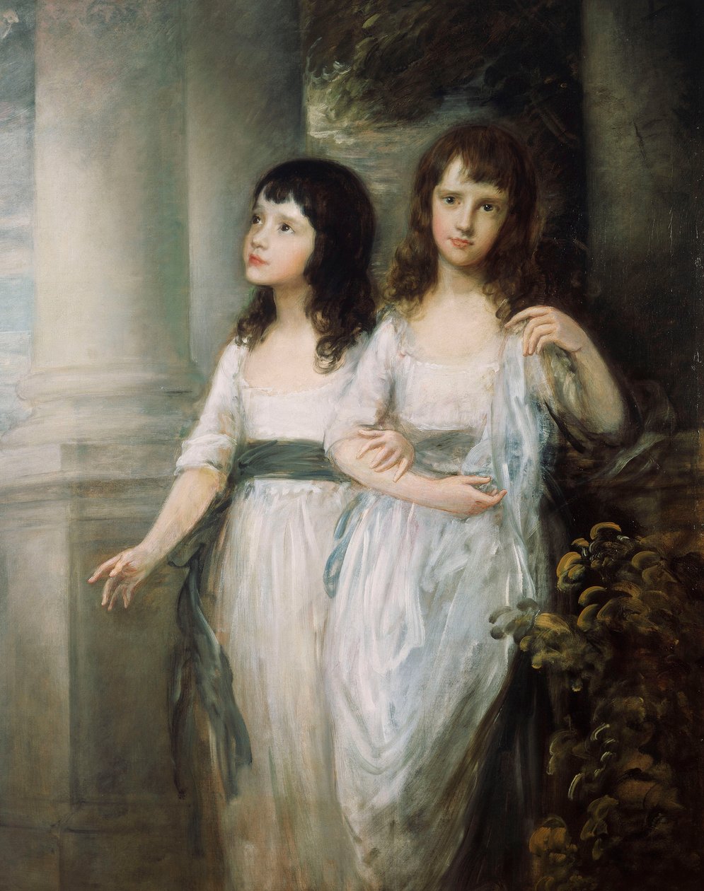 Un gruppo di ritratti delle signorine Sloper, entrambe in piedi quasi a figura intera in abiti bianchi con fasce blu da Thomas Gainsborough