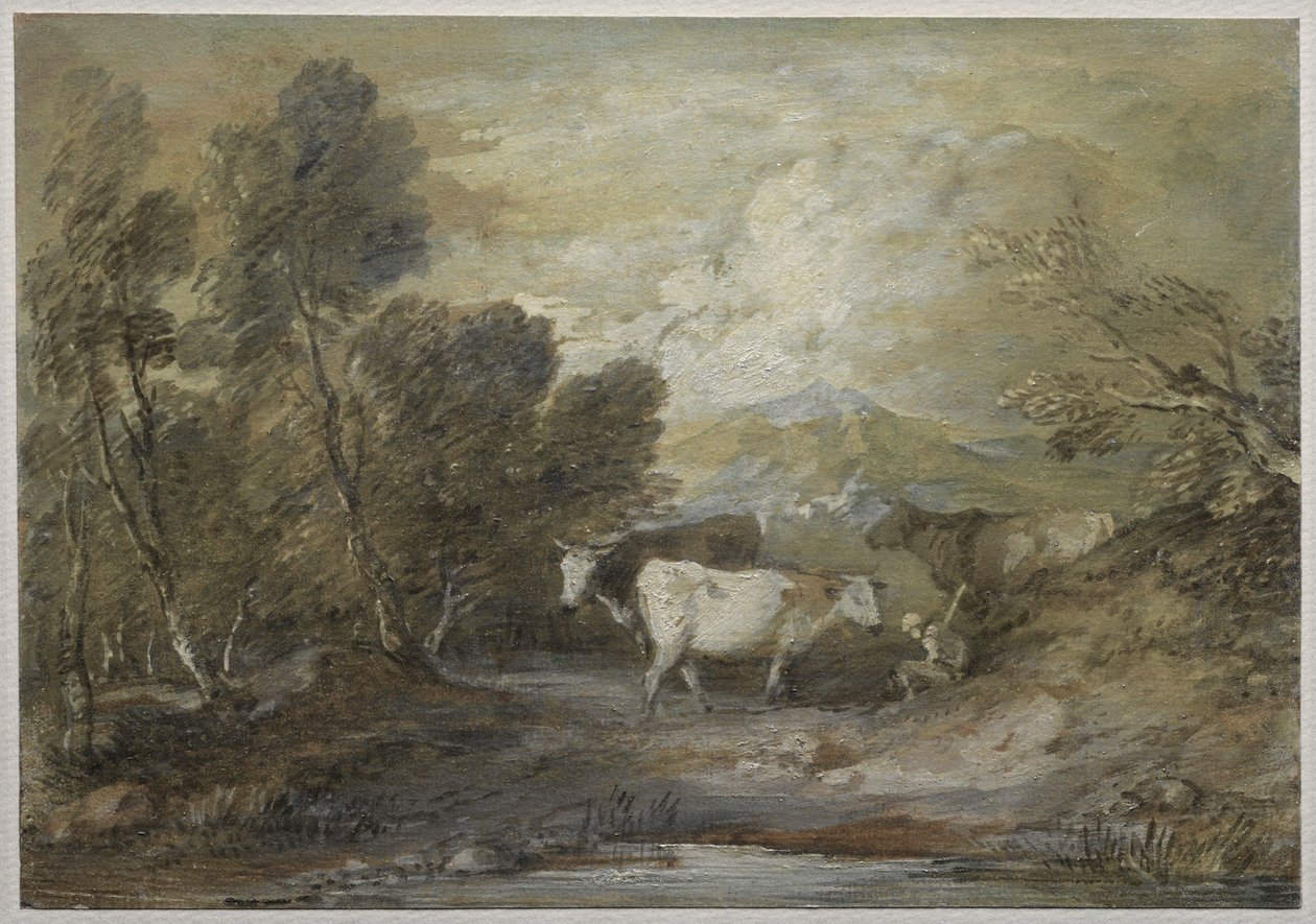 Un pastore con tre mucche presso una pozza di montagna, metà 1780 da Thomas Gainsborough