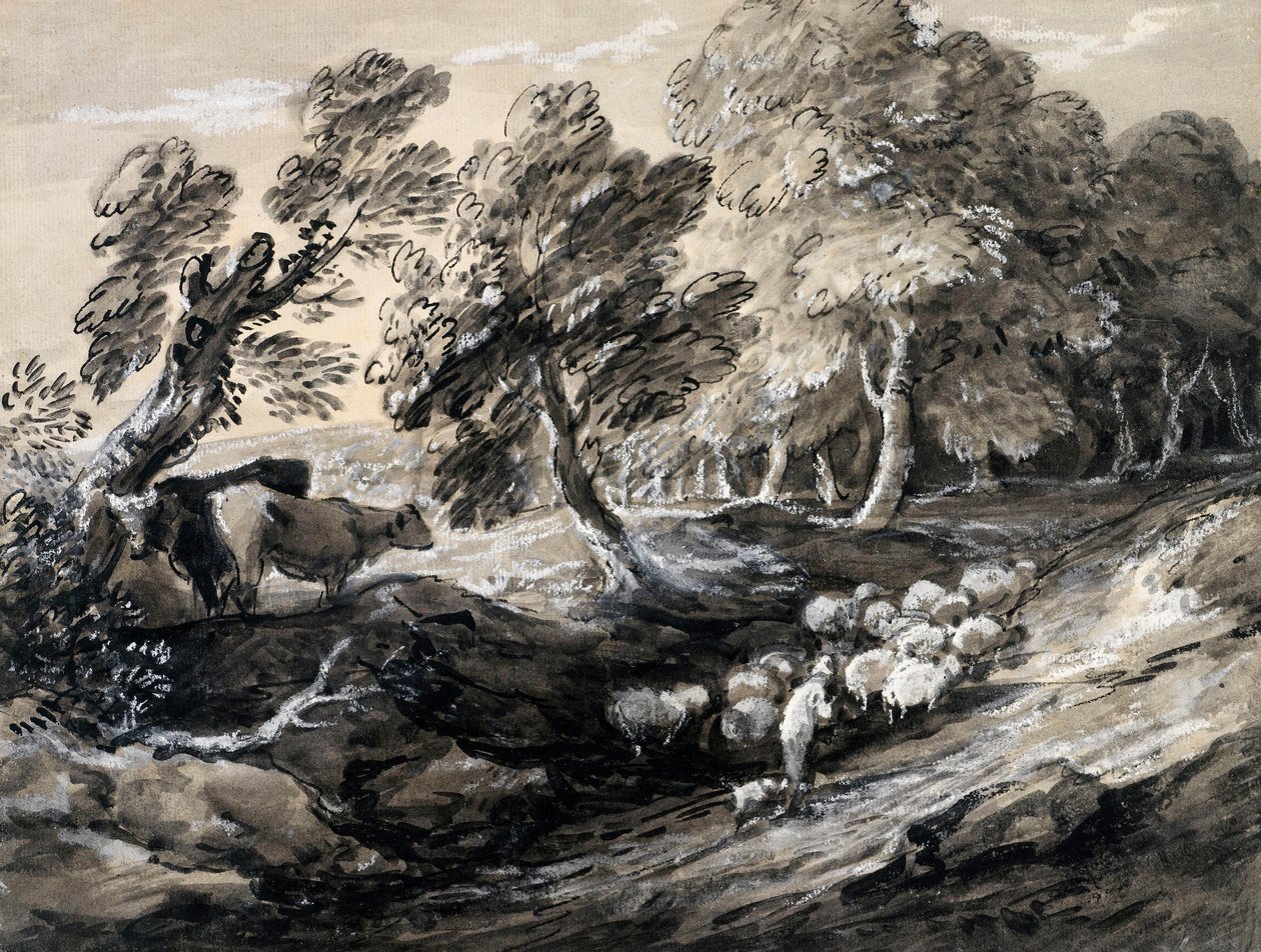 Un pastore che guida un gregge di pecore attraverso un bosco da Thomas Gainsborough