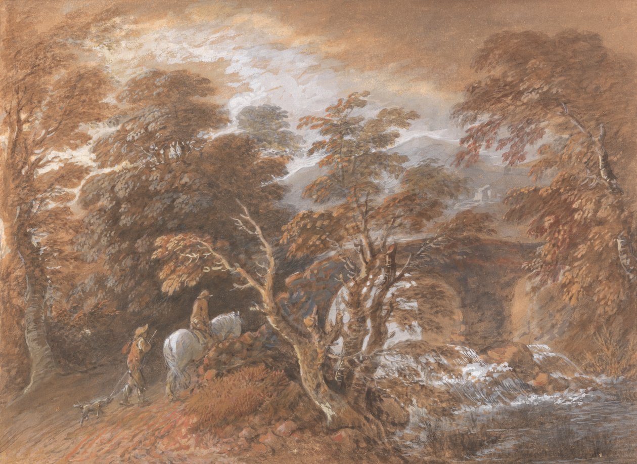 Paesaggio collinare con figure che si avvicinano a un ponte da Thomas Gainsborough