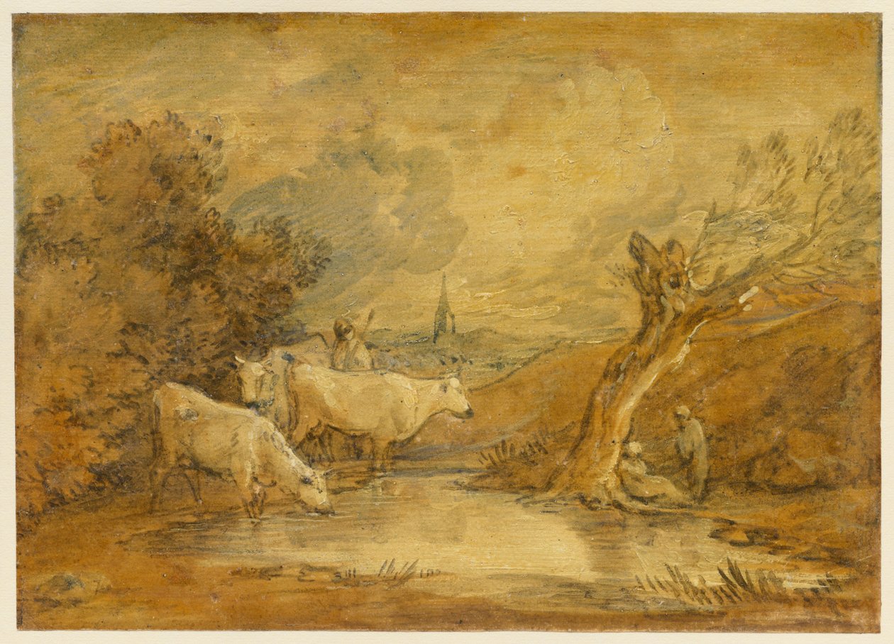 Landschaft mit Figuren, Hirte und Vieh an einem Teich, und ferne Kirche da Thomas Gainsborough
