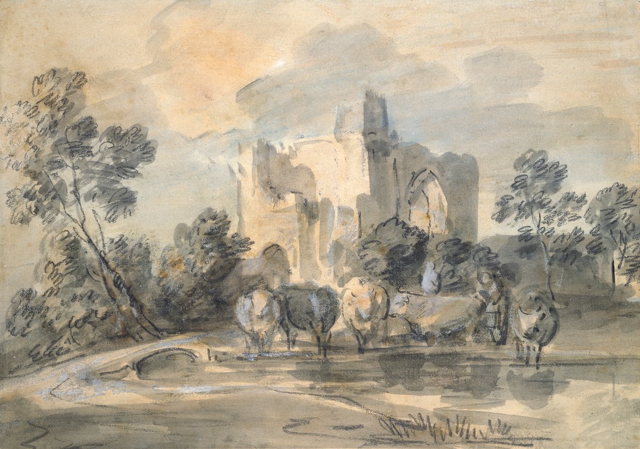 Paesaggio con un castello in rovina e bestiame presso una pozza da Thomas Gainsborough