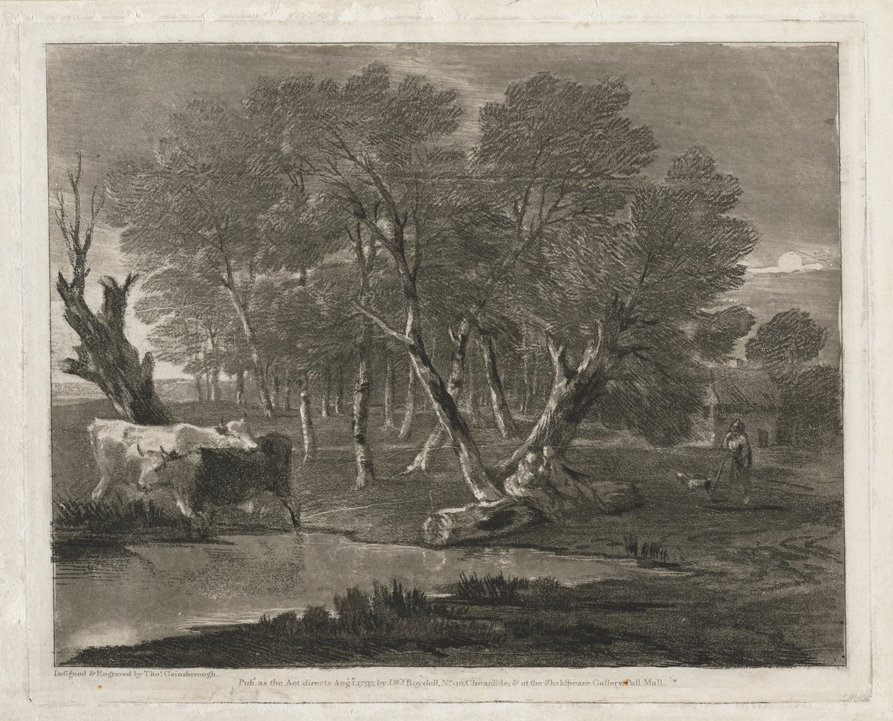 Paesaggio boscoso con mucche accanto a una pozza, figure e cottage da Thomas Gainsborough