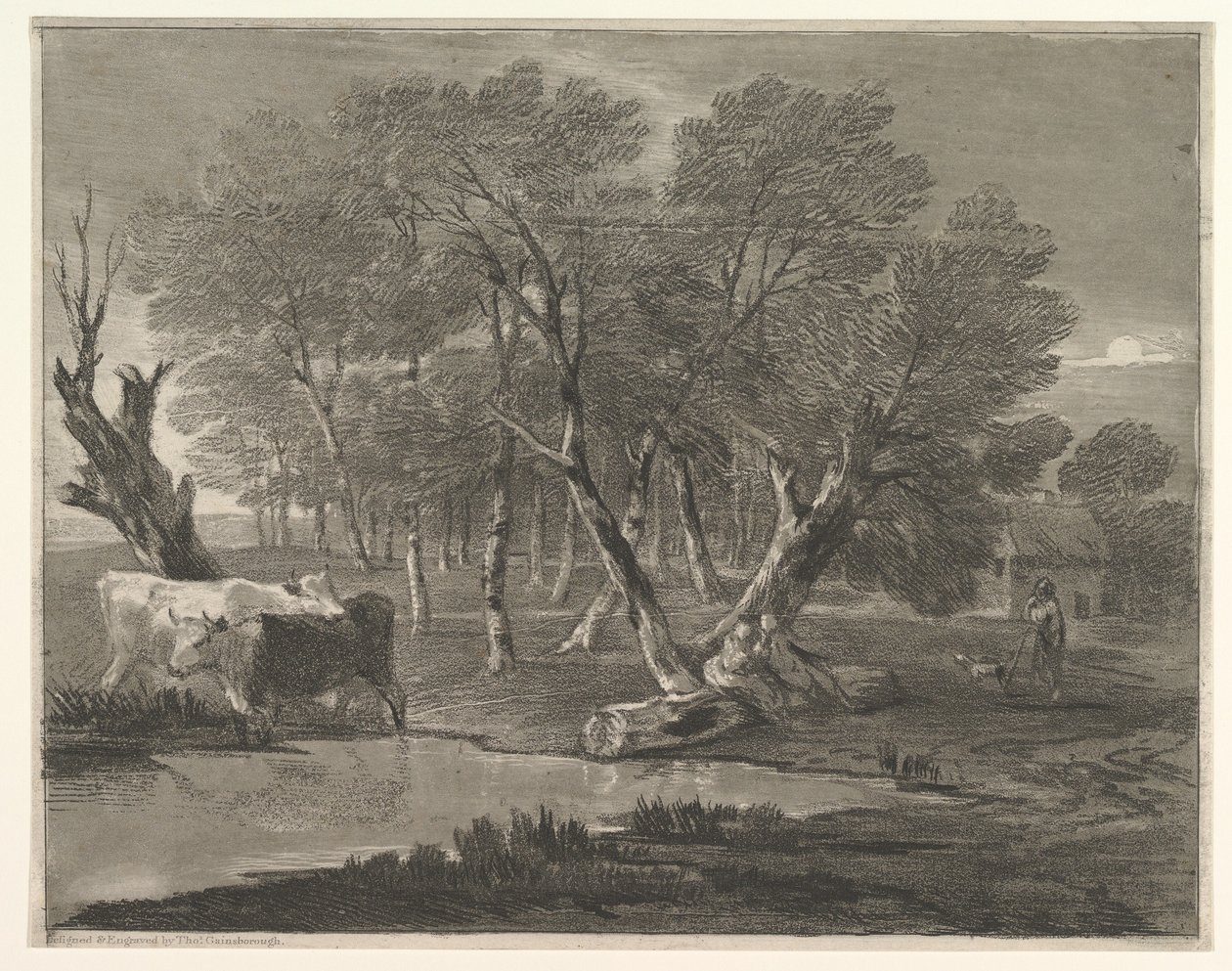 Paesaggio boscoso con mucche vicino a una pozza, figure e cottage da Thomas Gainsborough