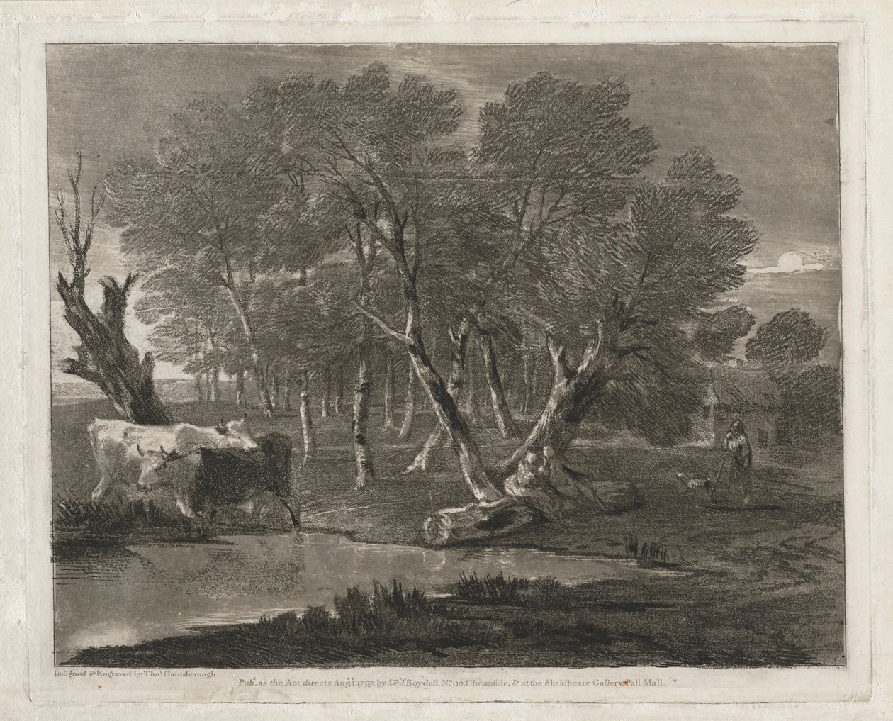 Paesaggio boscoso con mucche vicino a una pozza, figure e cottage da Thomas Gainsborough