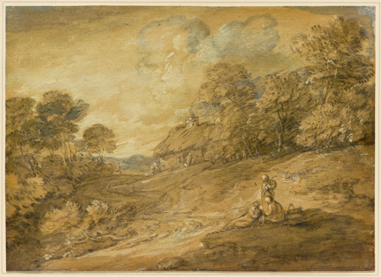 Waldlandschaft mit Figuren und gewundenem Pfad zu einem Cottage da Thomas Gainsborough