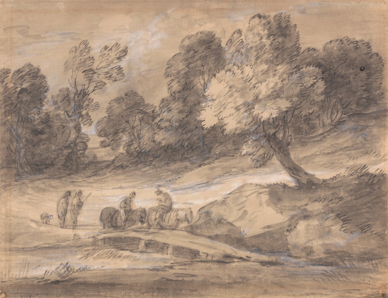 Paesaggio boscoso con figure a cavallo che attraversano un ponte da Thomas Gainsborough