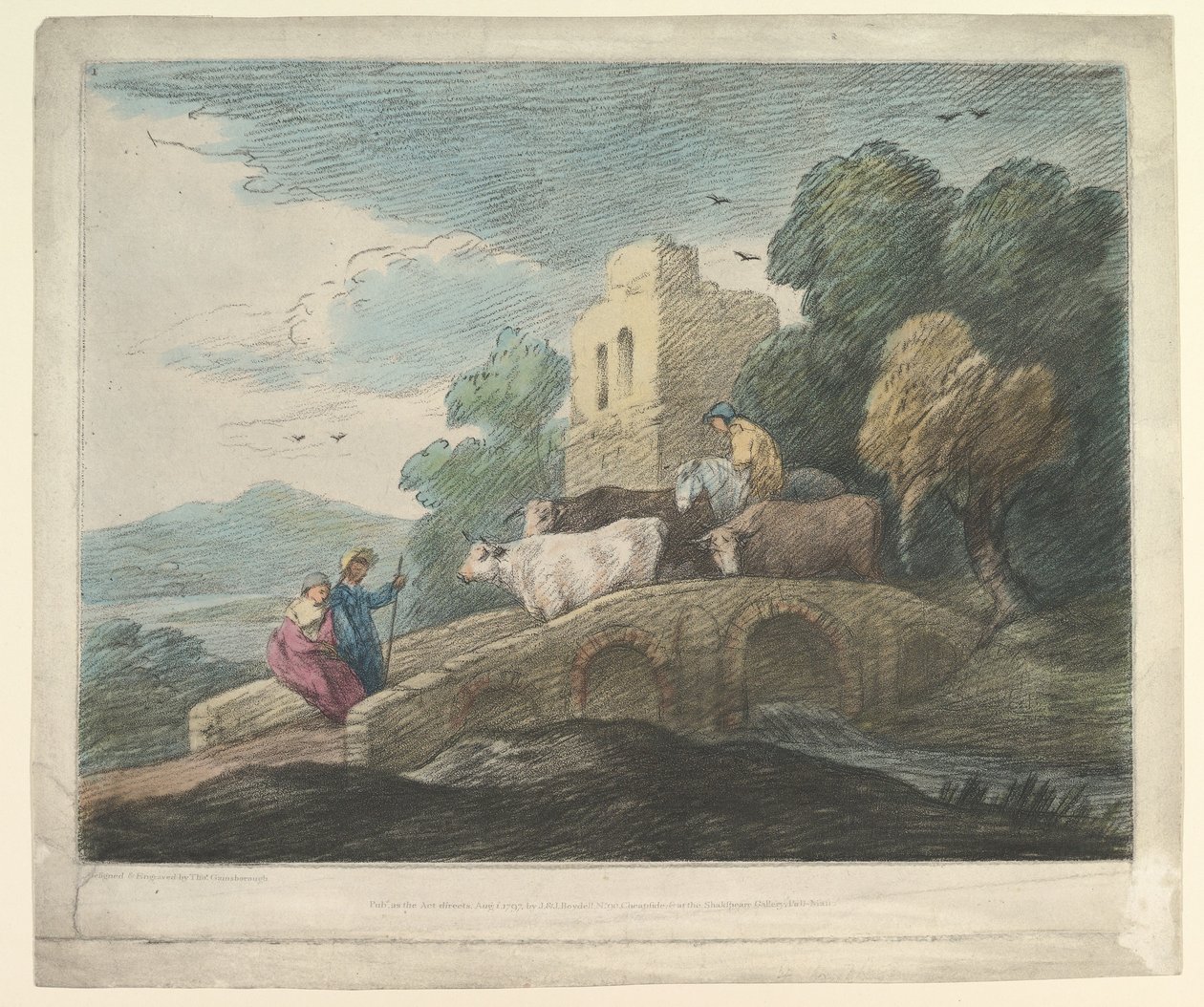 Paesaggio boscoso con mandriani che guidano il bestiame su un ponte, amanti rustici e castello in rovina, 1797 da Thomas Gainsborough