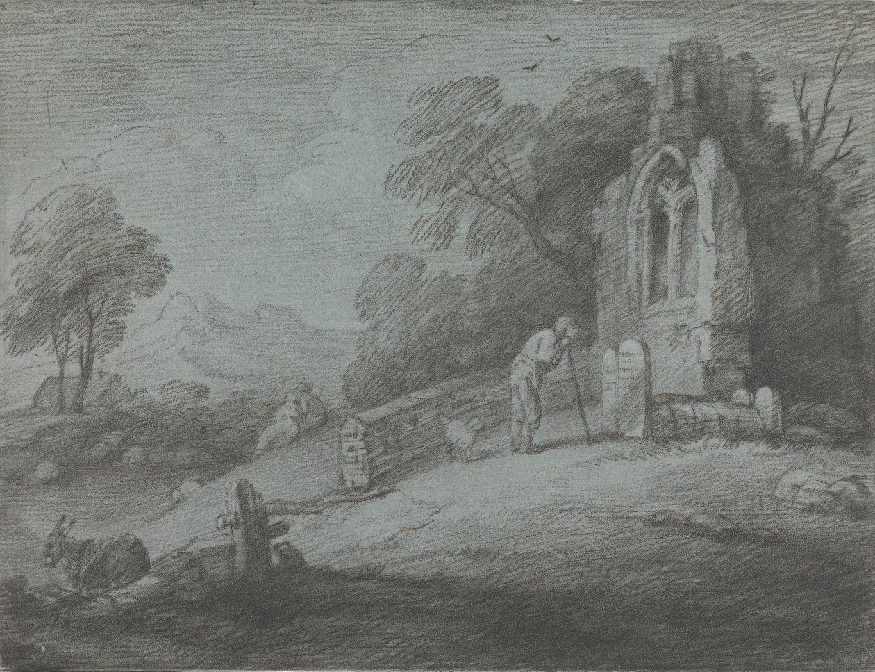 Paesaggio Boschivo con Contadino che Legge la Lapide, Amanti Rustici e Chiesa in Rovina da Thomas Gainsborough